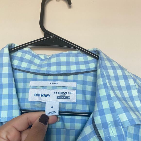 Old Navy The Signature Shirt Mens XL Blue Plaid Slim Fit Built In Flex Non Iron - Picture 3 of 5